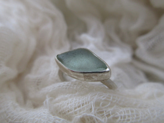Aqua Hammonasset sea glass ring in argentium sterling silver and fine silver