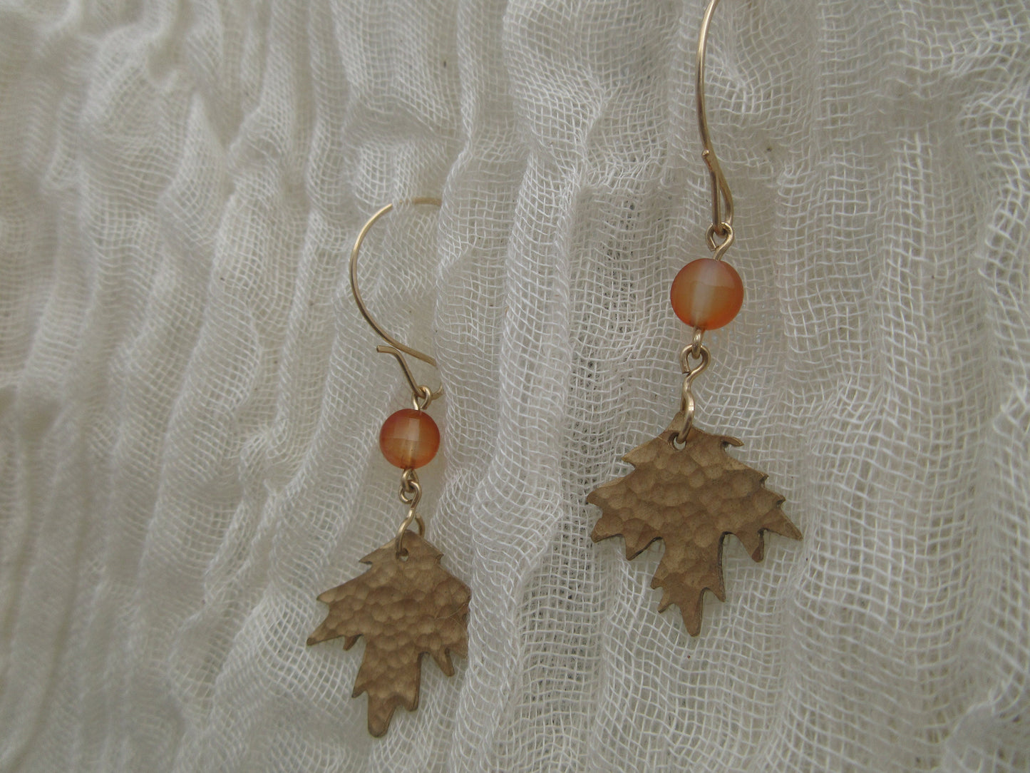 Sugar maple leaf earrings with carnelian, NuGold, and gold-filled wires