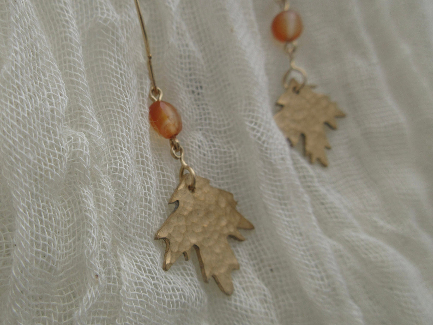 Sugar maple leaf earrings with carnelian, NuGold, and gold-filled wires