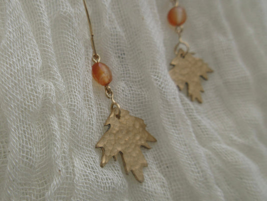 Brass maple leaf earrings with carnelian and gold-filled ear wires