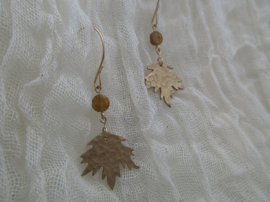 Brass maple leaf earrings with yellow tourmaline and gold-filled ear wires