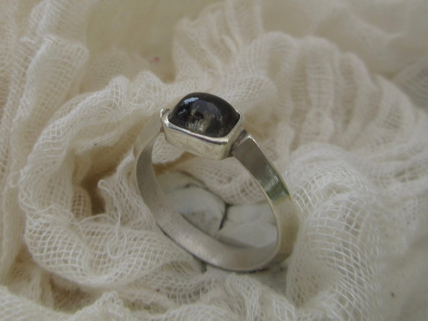 Gray tourmaline cabochon ring in argentium sterling silver