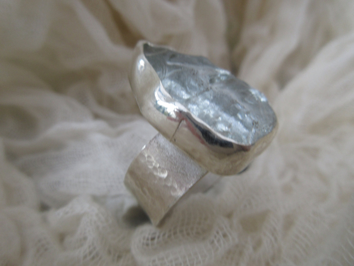 Scalloped Hammonasset sea glass ring in argentium sterling silver and fine silver