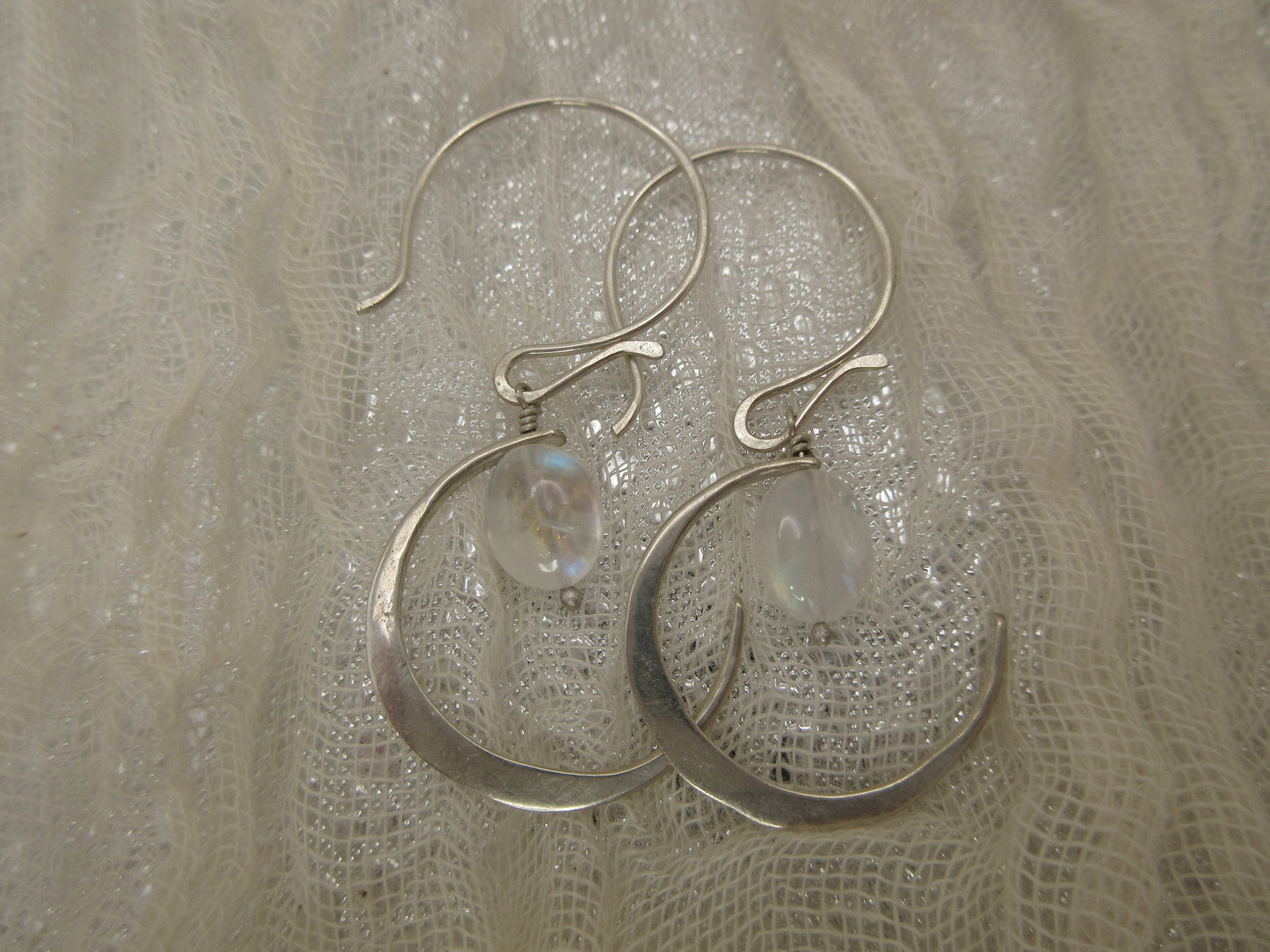 Moonstone new moon earrings in argentium sterling silver