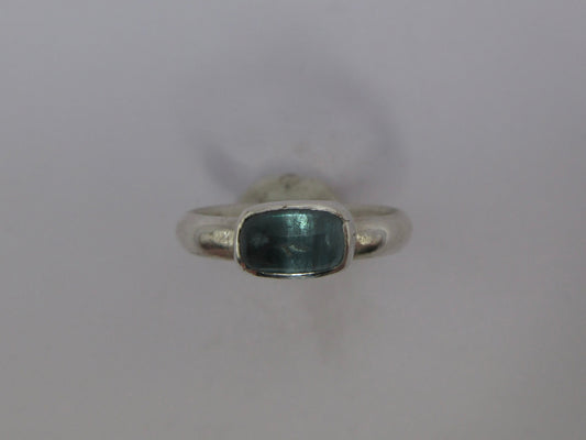 Bicolor blue-teal tourmaline cabochon ring in argentium sterling silver, size 5 3/4